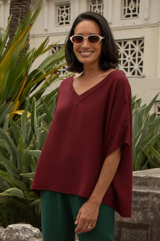 Gemma Short Sleeve V Neck Top Burgundy Tops