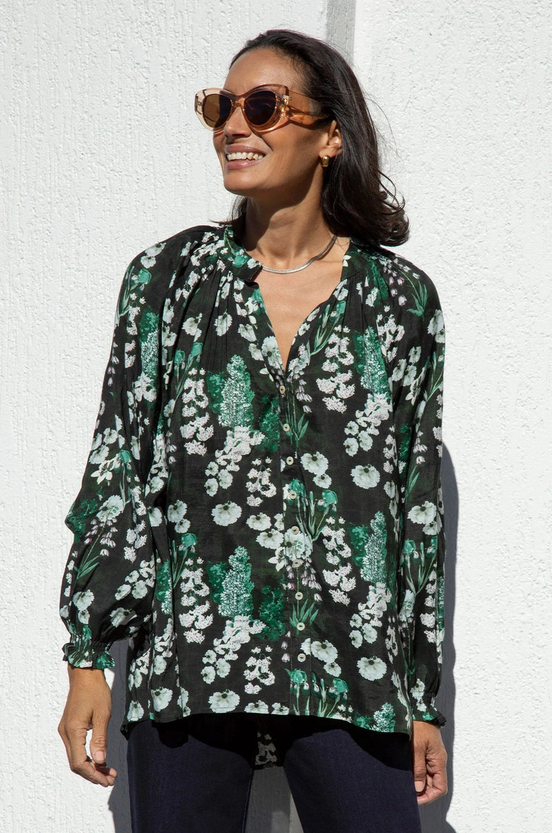Lissy Floral Long Sleeve Top Military Green Tops