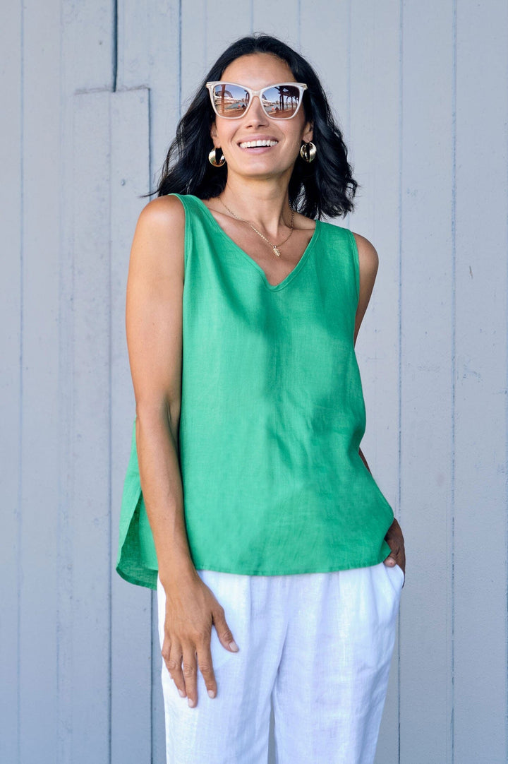 Zoe Linen Sleeveless Top Emerald Tops