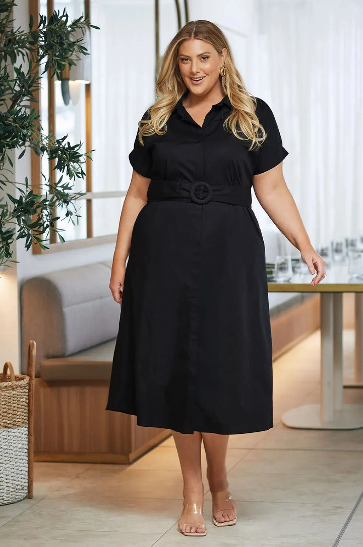Celia Short Sleeve Midi Dress in Black Dress