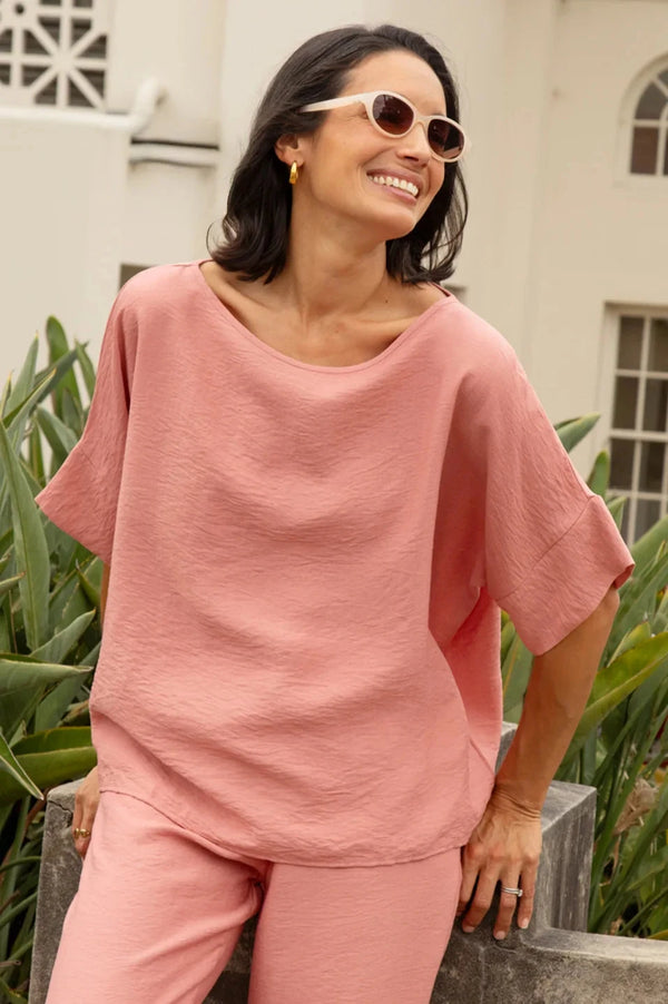 Gemma Short Sleeve Round Neck Top Powder Pink Tops