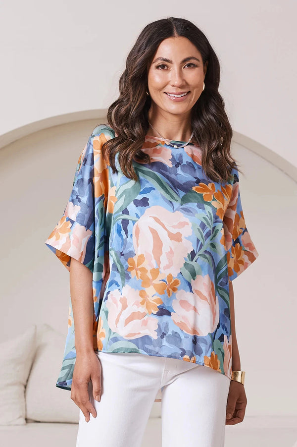 Bianca Short Sleeve Top Camellia Print with Round Neck Tops