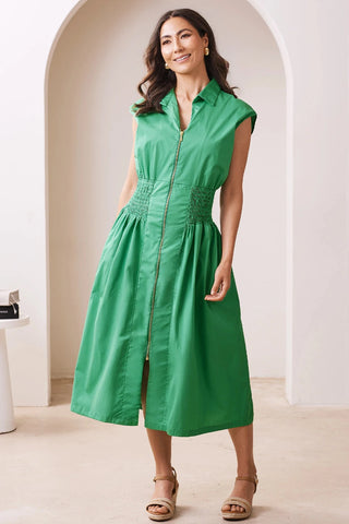 Laura Sleeveless Smocked Waist Zip Front Midi Dress Emerald Dress