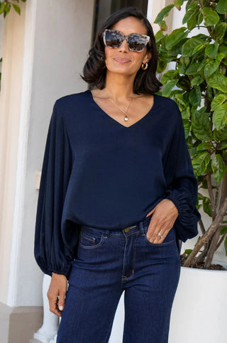 Sophia V-Neck Long Sleeve Top Navy Tops