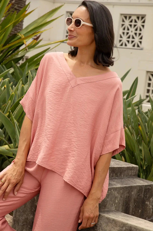 Gemma Short Sleeve V Neck Top Powder Pink Tops