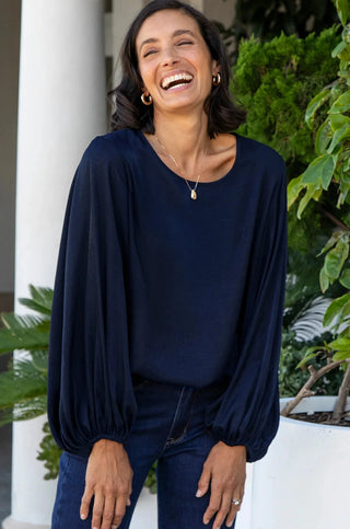 Sophia Round Neck Long Sleeve Top Navy Tops
