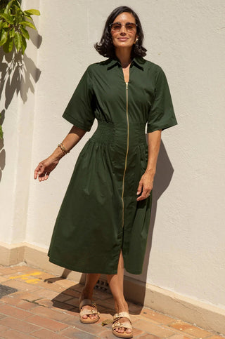 Laura Short Sleeve Smocked Waist Zip Front Midi Dress Olive Dress