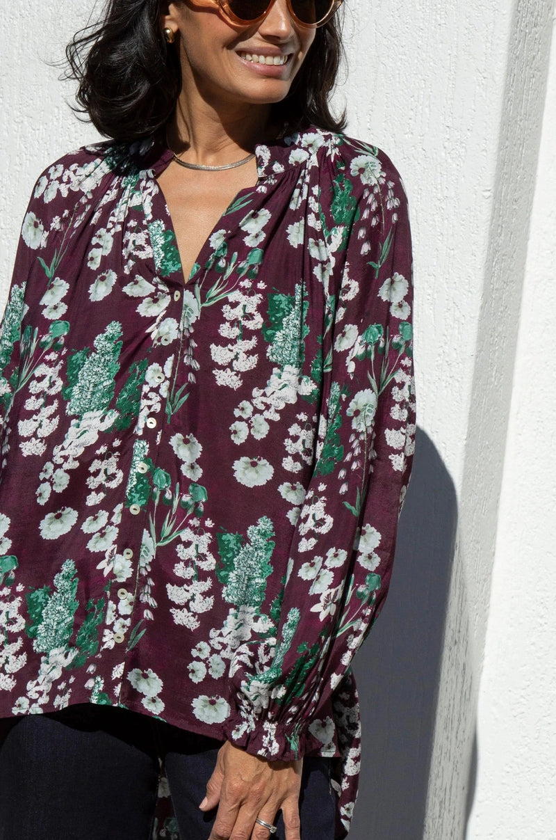 Lissy Floral Long Sleeve Top Burgundy Tops