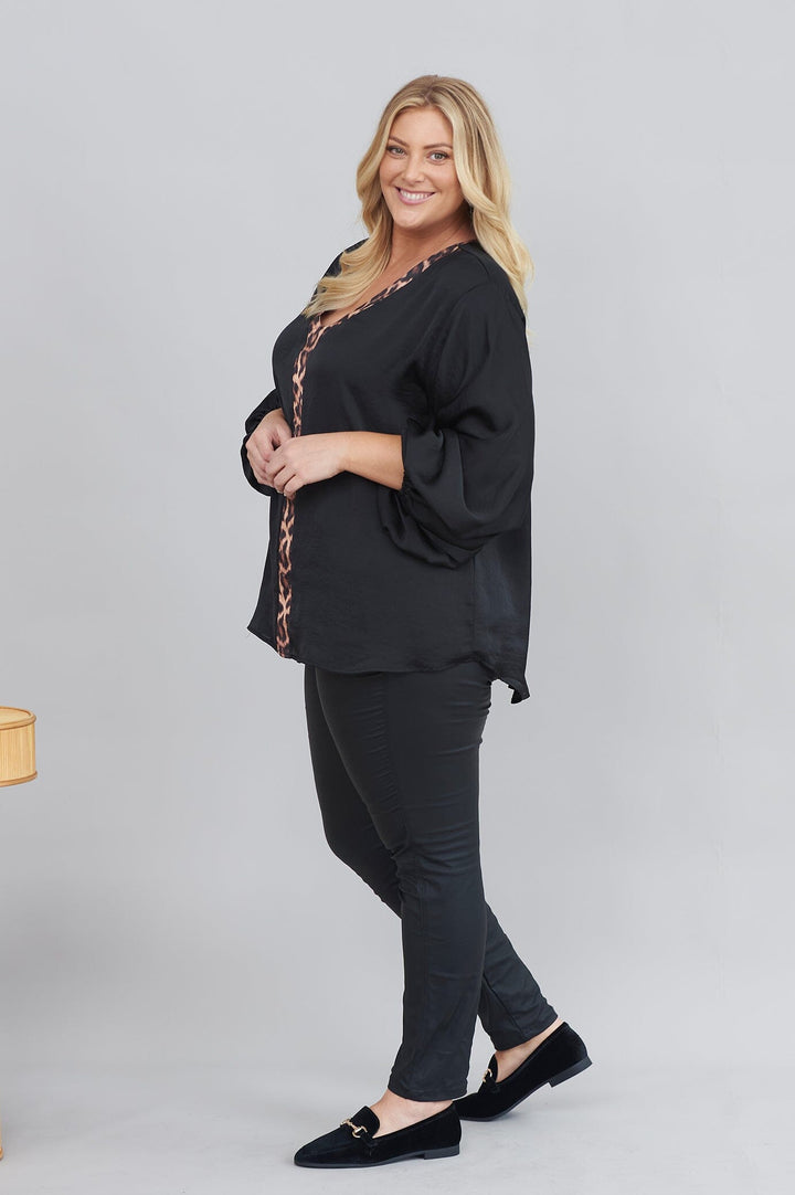 Sovana V-Neck Top Black with Animal Trim Tops