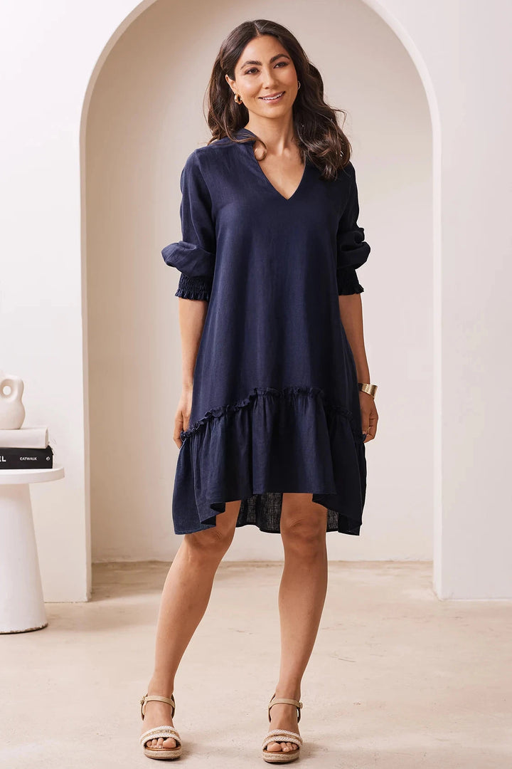 Lauren Mid Sleeve Tiered Midi Dress Navy Dress