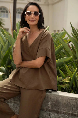 Gemma Short Sleeve V Neck Top Khaki Tops