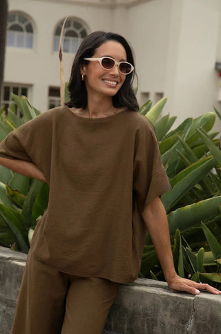Gemma Short Sleeve Round Neck Top Khaki Tops