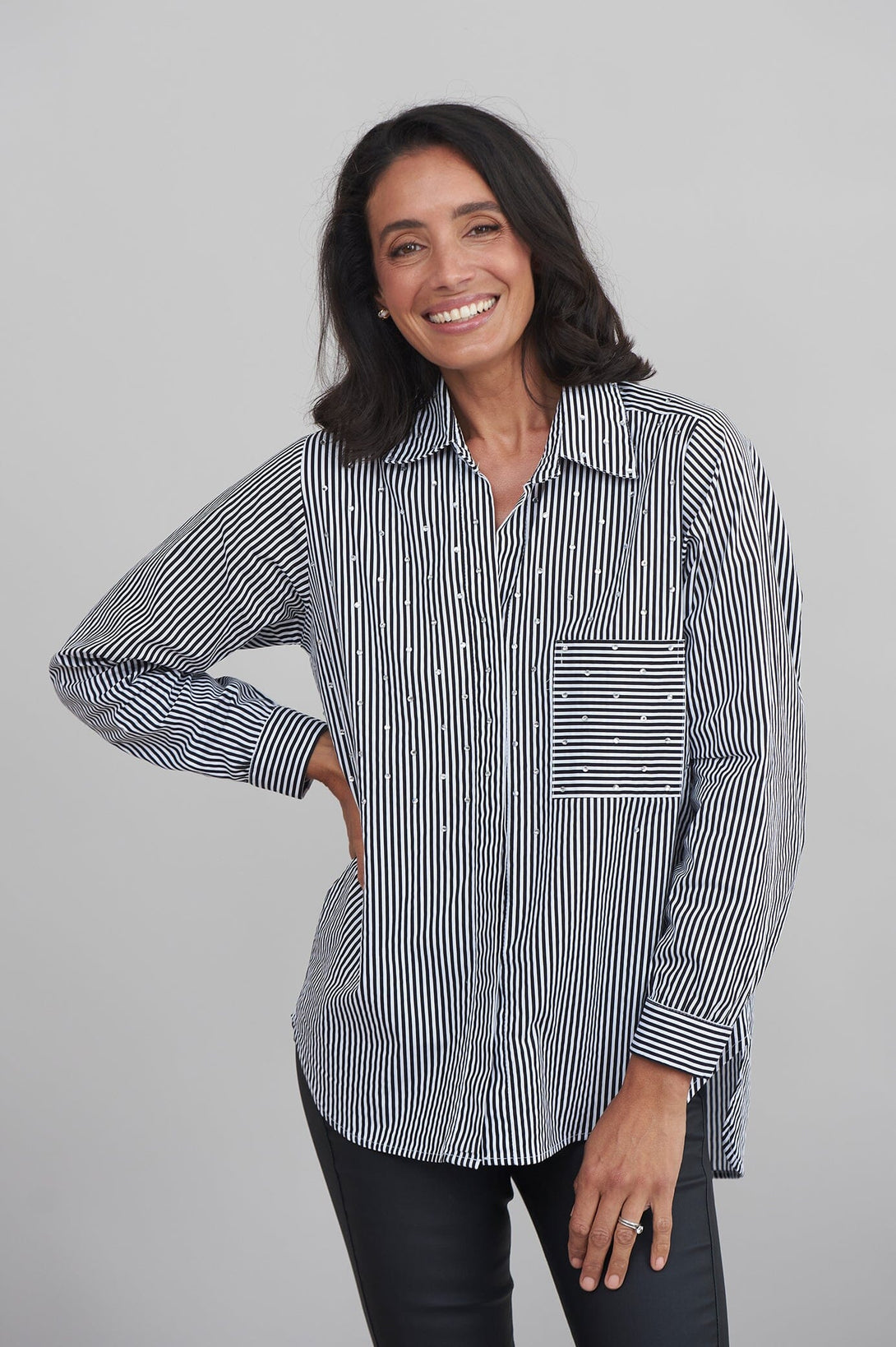 Renata Black and White Striped Collared Shirt Tops