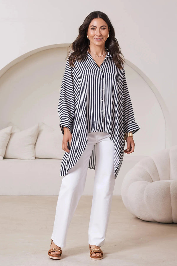 Francesca Striped Relaxed Shirt Navy and White Tops