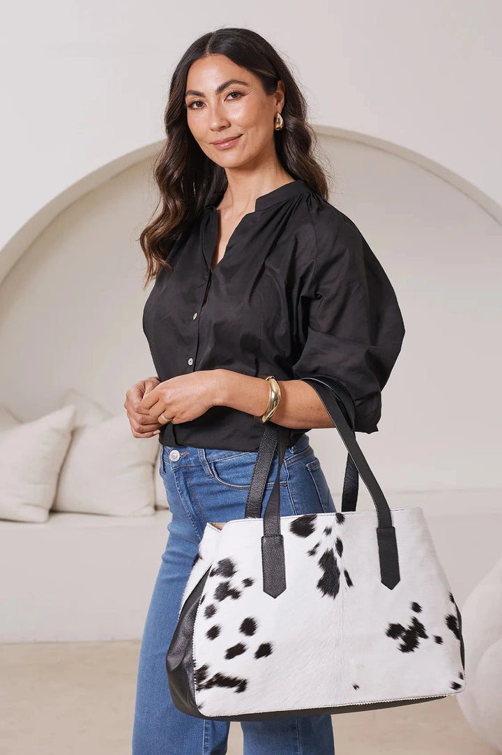 Madagascar Leather Tote Bag Black & White Cowhide Leather