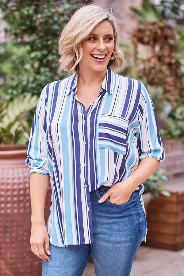 Amy Stripe Long Sleeve Collared Shirt Tops