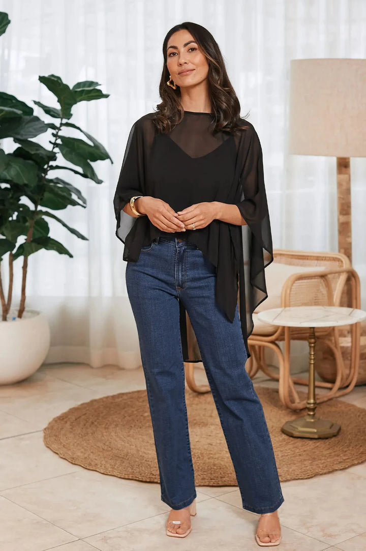 Concetta Elegant Chiffon Poncho in Black Capes