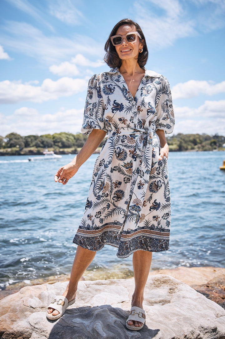 Portia Linen Dress Navy and White Dress