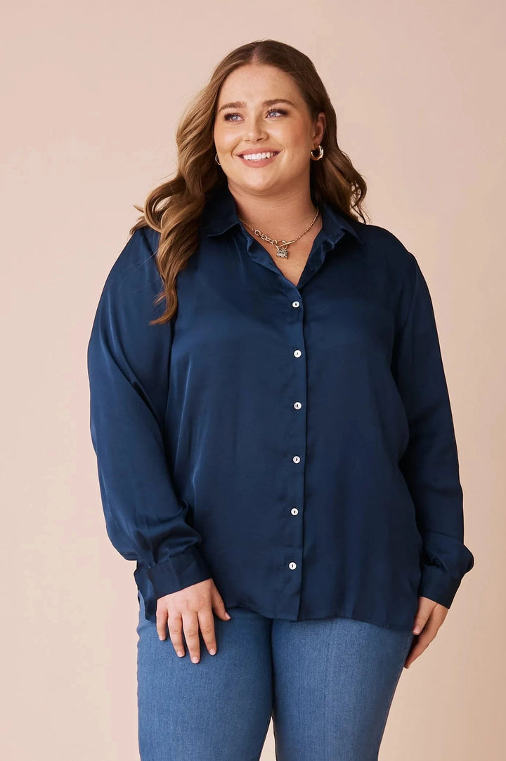 Briella Long Sleeve Collared Shirt Navy Tops