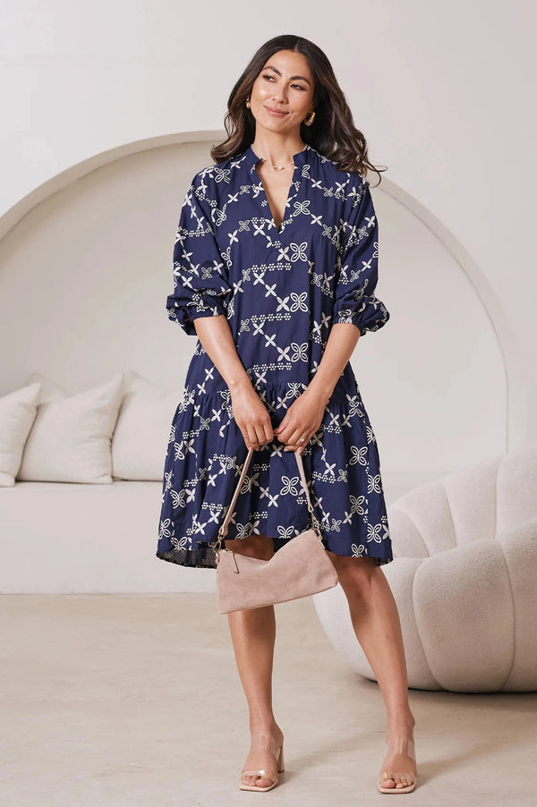 Valeria Embroidered Mid Sleeve Dress in Navy Dress