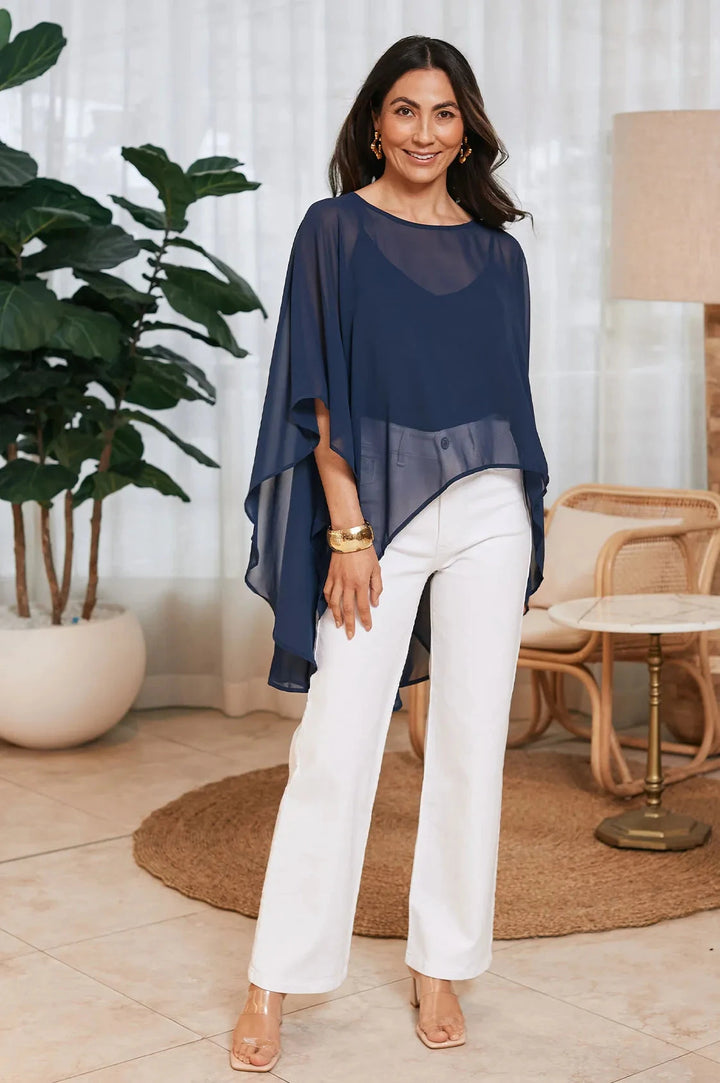 Concetta Elegant Chiffon Poncho in Navy- Pre Order Capes