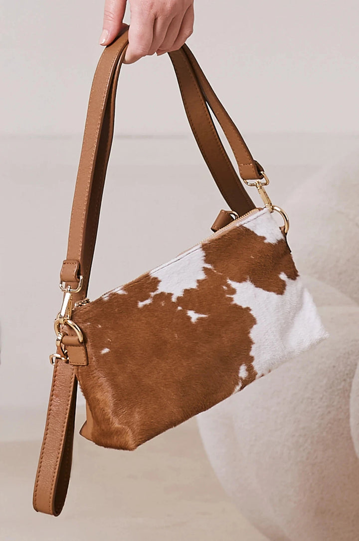 Marisol Leather Shoulder Bag Tan & White Cowhide Leather