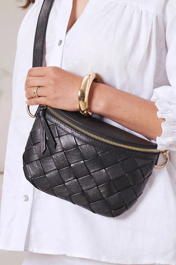 Ramona Small Woven Leather Crossbody Bag Black with Pocket Leather