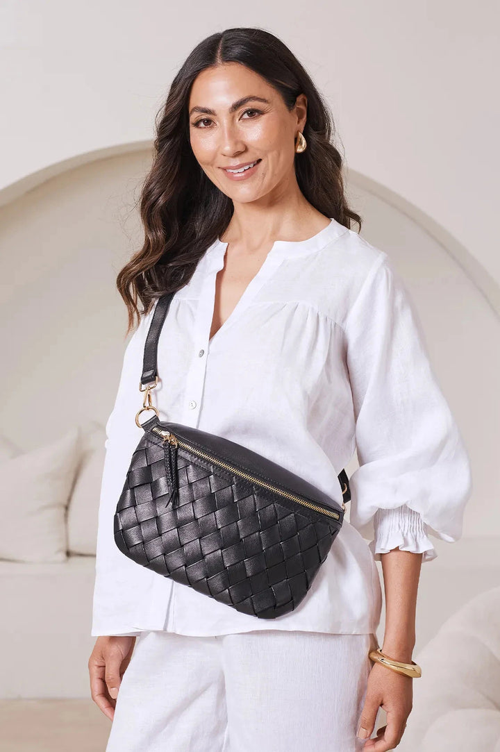 Ramona Woven Leather Crossbody Bag Black with Pocket Leather