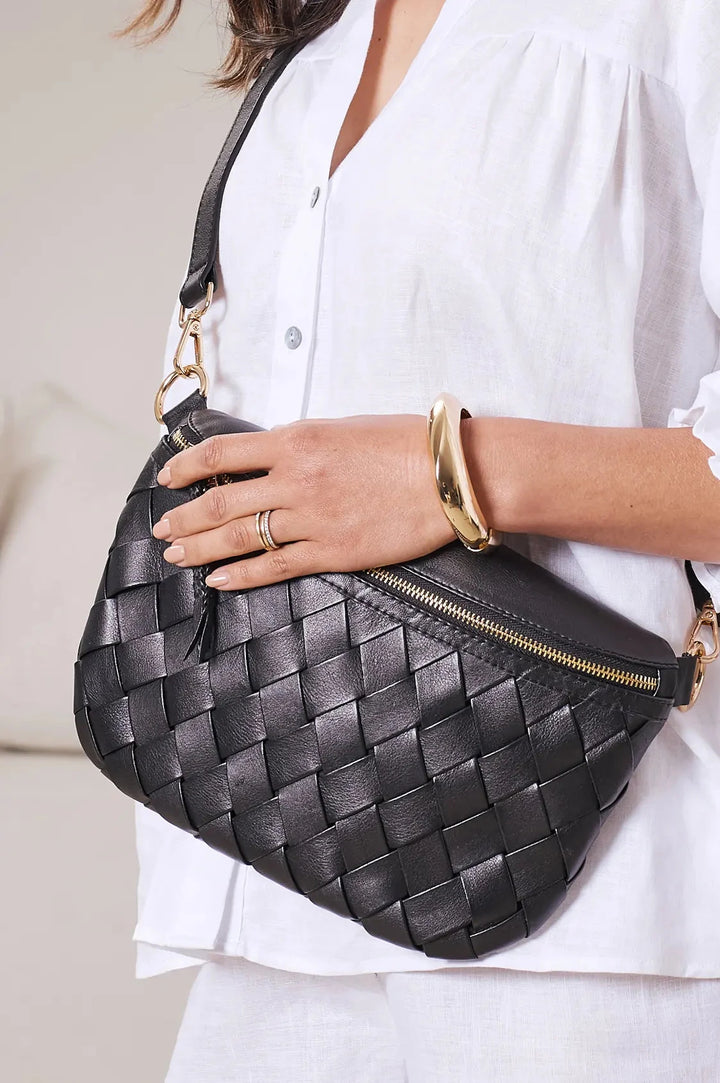 Ramona Woven Leather Crossbody Bag Black with Pocket Leather