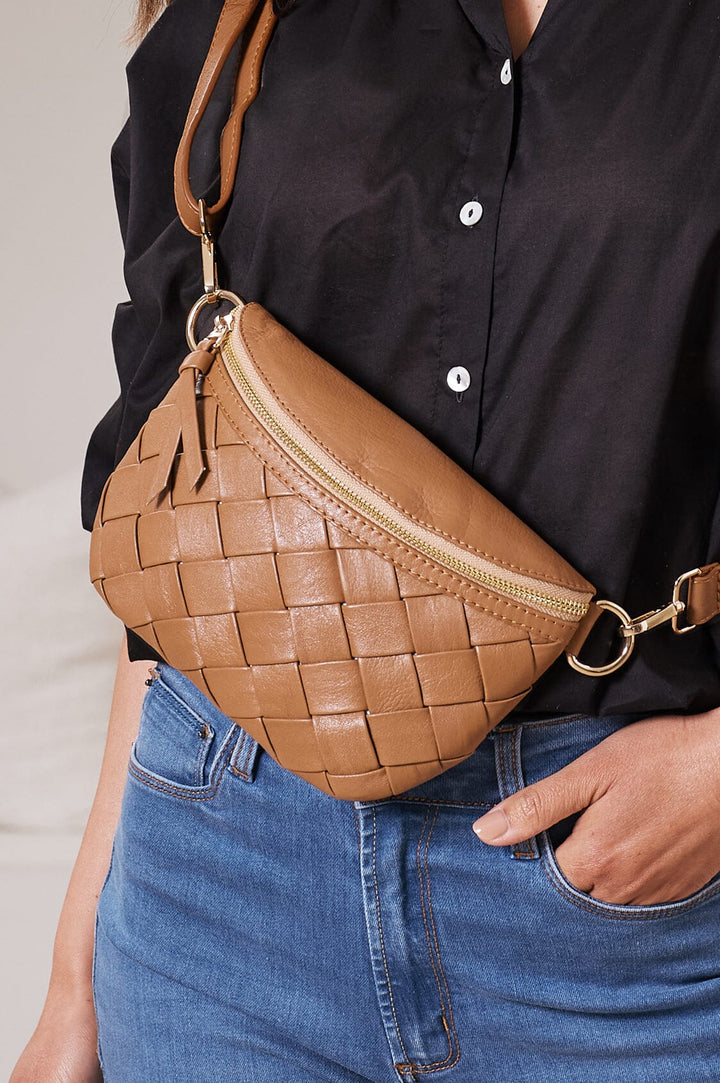 Ramona Small Woven Leather Crossbody Bag Tan with Pocket Leather