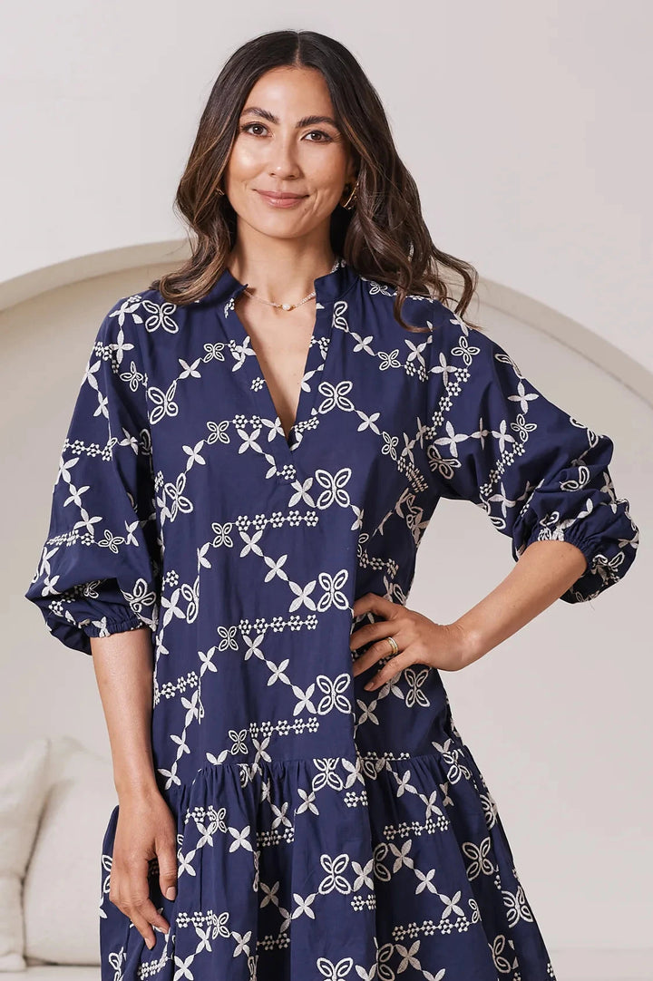 Valeria Embroidered Mid Sleeve Dress in Navy Dress
