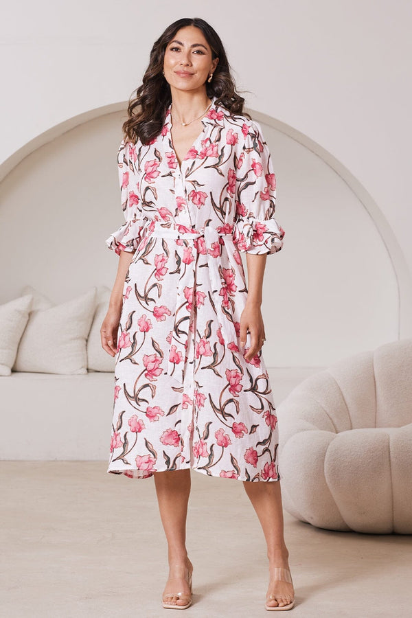 Cristina Floral Mid Sleeve Collared Linen Midi Dress Dress