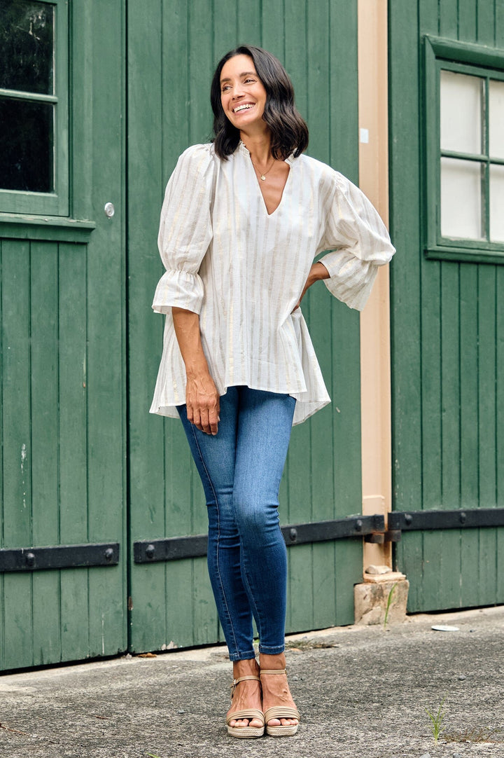 Alessandra Short Sleeve Top Ivory Stripe Tops