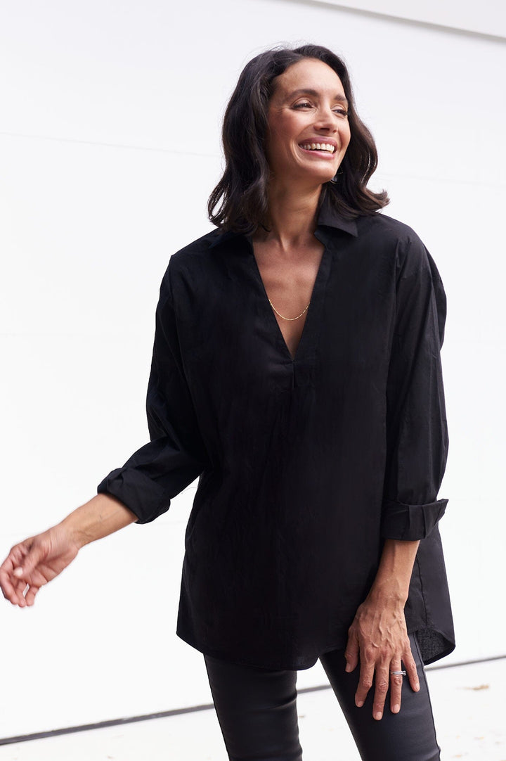 Lynette Collared Long Sleeve Shirt Black Tops