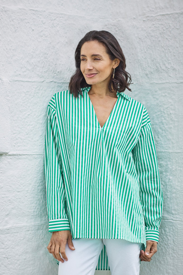 Lynette Collared Long Sleeve Shirt Striped Green Tops