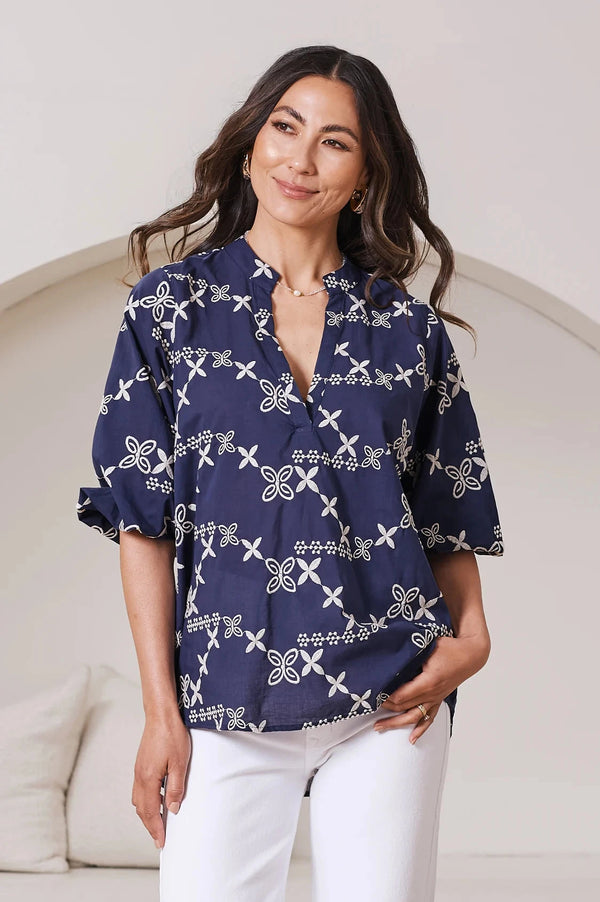 Valeria Embroidered 3/4 Sleeve Top in Navy Tops
