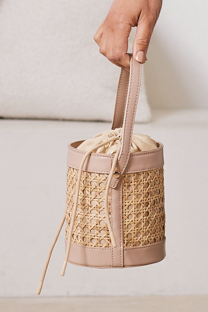 Melina Rattan Bucket Bag in Nude Seasonal Handbag