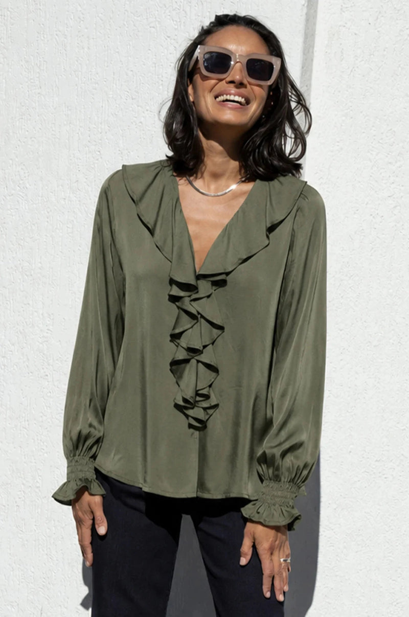 Alyssa Ruffle V-Neck Long Sleeve Top Olive Tops