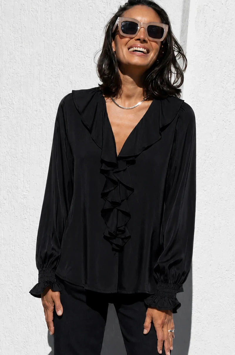 Alyssa Ruffle V-Neck Long Sleeve Top Black Tops