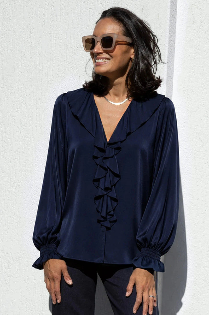 Alyssa Ruffle V-Neck Long Sleeve Top Navy Tops
