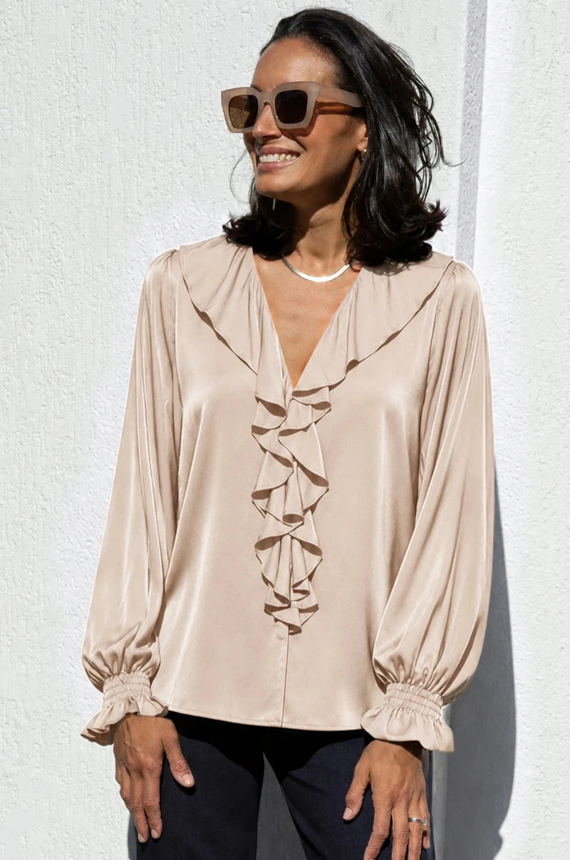 Alyssa Ruffle V-Neck Long Sleeve Top Taupe Tops