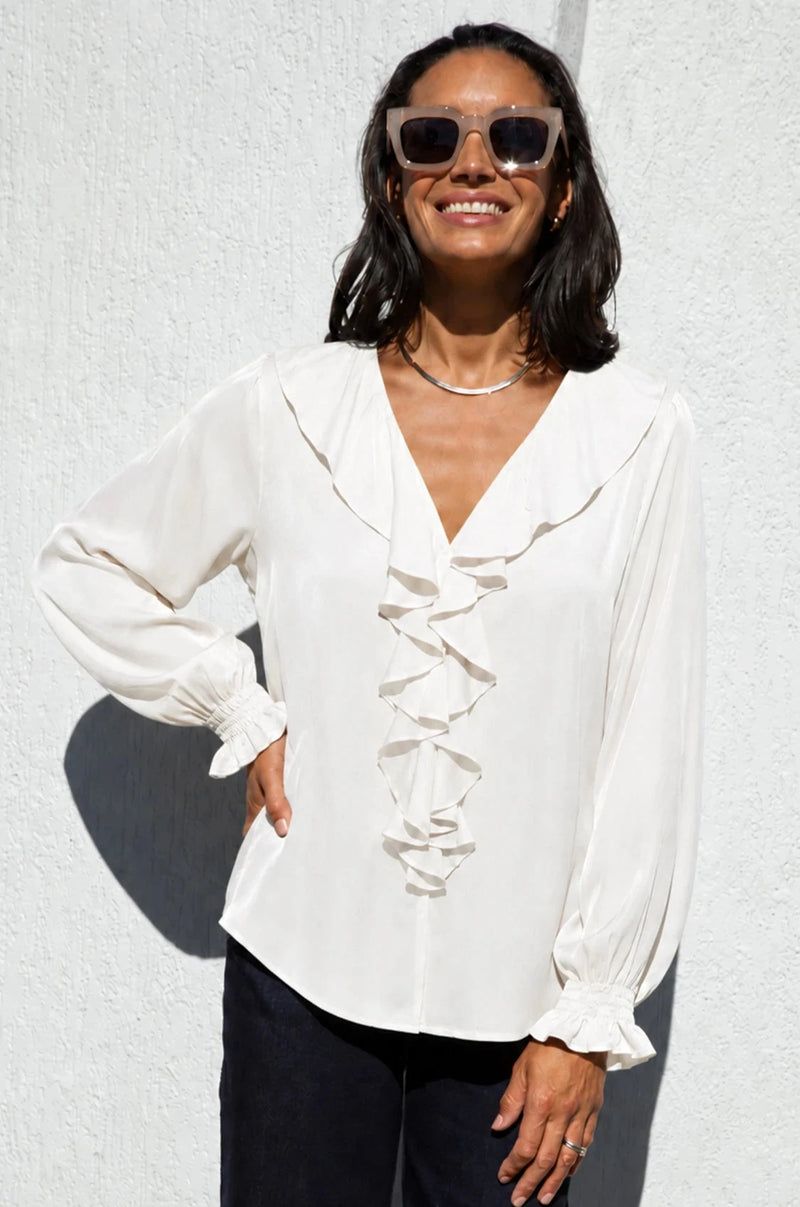 Alyssa Ruffle V-Neck Long Sleeve Top Ivory Tops