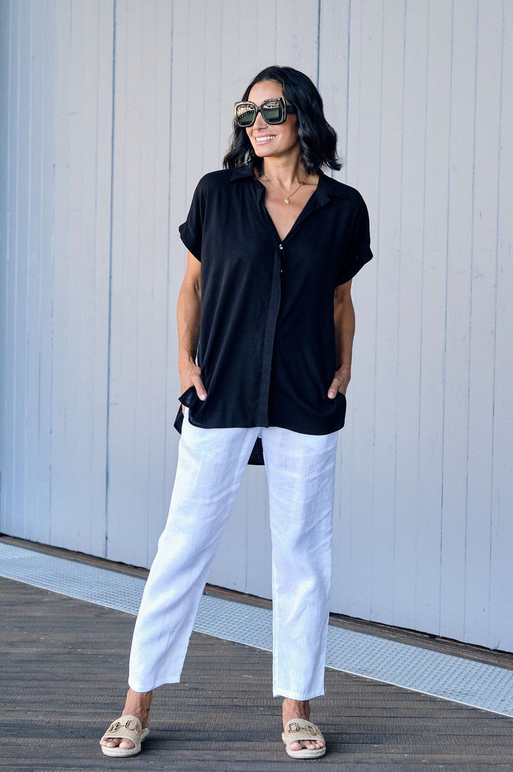 Lindsey Short Sleeve Collared Top Black Tops