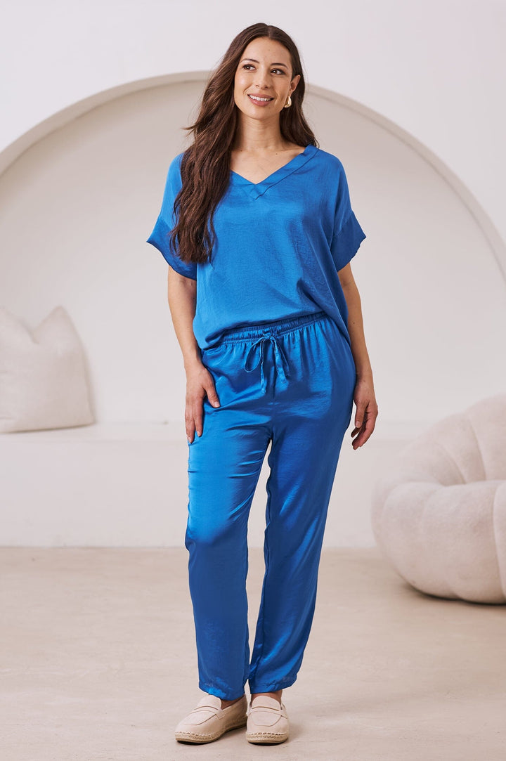 Bianca Short Sleeve Top Cobalt with V Neck Tops