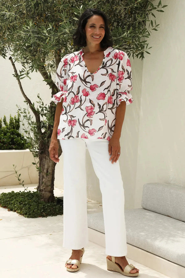 Cristina Floral Mid Sleeve V-Neck Linen Top Tops