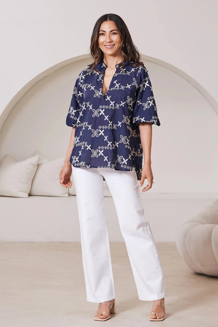 Valeria Embroidered 3/4 Sleeve Top in Navy Tops