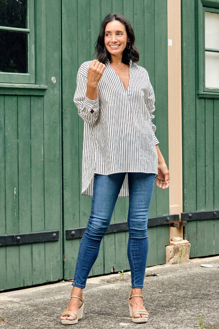 Lynette Collared Long Sleeve Shirt Striped Navy with Lurex Tops