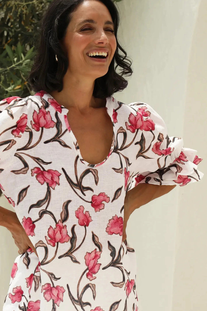 Cristina Floral Mid Sleeve V-Neck Linen Top Tops
