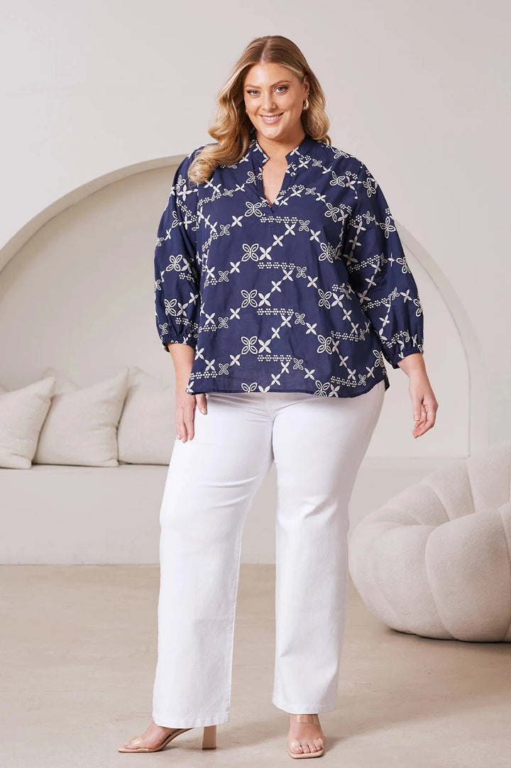 Valeria Embroidered 3/4 Sleeve Top in Navy Tops