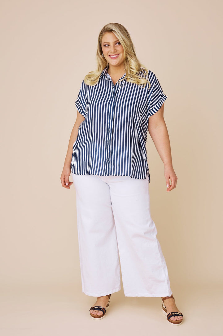 Clem Cotton Striped Top Navy and White Tops